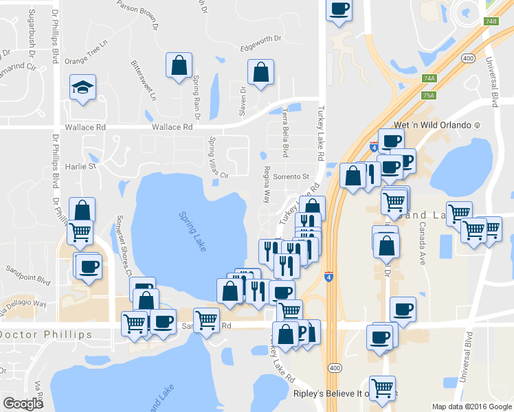 map of restaurants, bars, coffee shops, grocery stores, and more near 7516 Toscana Boulevard in Orlando