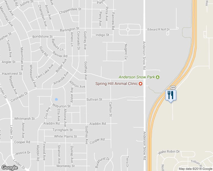 map of restaurants, bars, coffee shops, grocery stores, and more near 1379 Carlton Street in Spring Hill