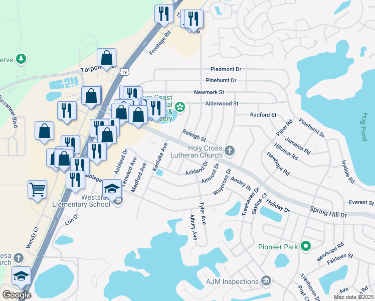 map of restaurants, bars, coffee shops, grocery stores, and more near 6078 Spring Hill Dr in Spring Hill