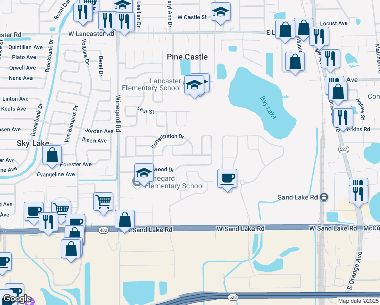map of restaurants, bars, coffee shops, grocery stores, and more near 483 Betsy Ross Terrace in Orlando