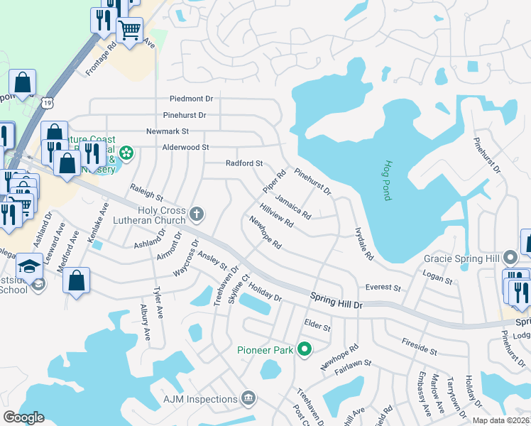 map of restaurants, bars, coffee shops, grocery stores, and more near 6348 Hillview Road in Spring Hill