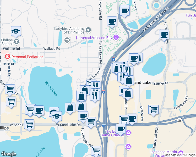 map of restaurants, bars, coffee shops, grocery stores, and more near Lakewood Plaza Drive in Orlando