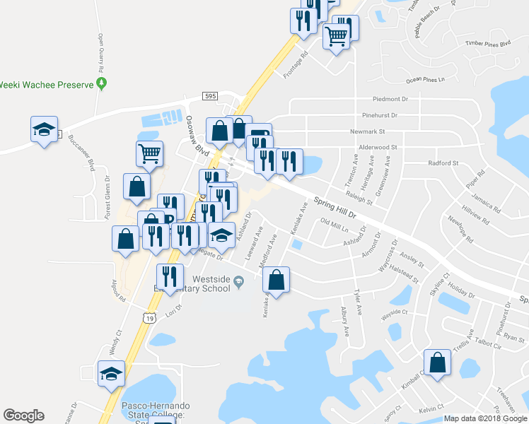 map of restaurants, bars, coffee shops, grocery stores, and more near 5511 Ashland Drive in Spring Hill