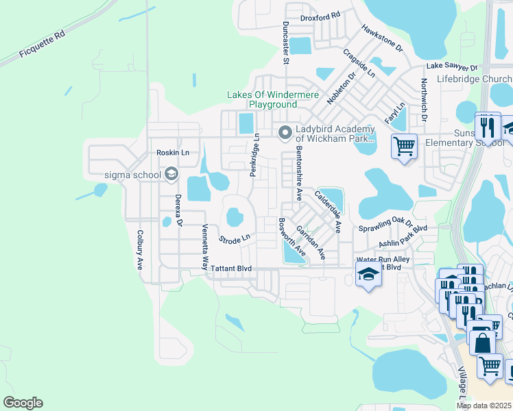 map of restaurants, bars, coffee shops, grocery stores, and more near 7451 Fairgrove Avenue in Windermere