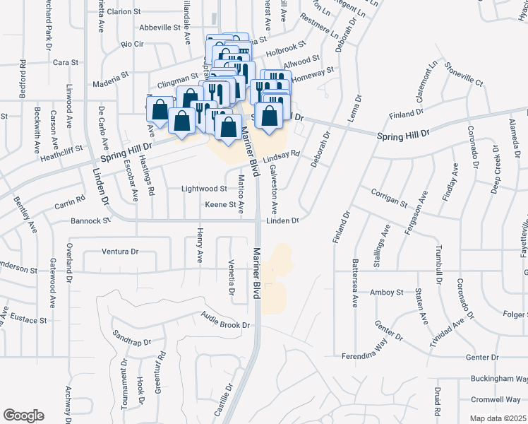 map of restaurants, bars, coffee shops, grocery stores, and more near 1380 Mariner Boulevard in Spring Hill