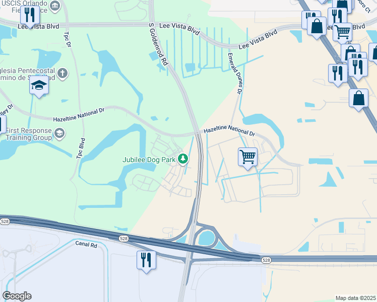 map of restaurants, bars, coffee shops, grocery stores, and more near 7661 Links Crescent Drive in Orlando