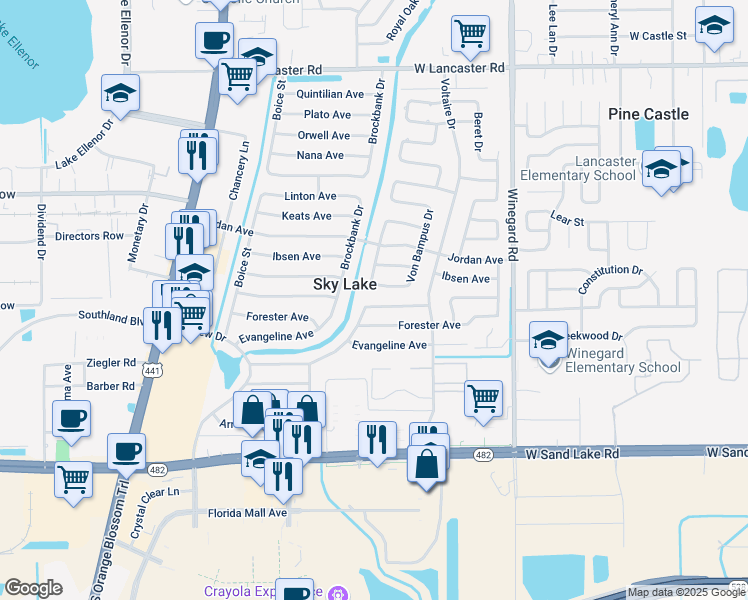 map of restaurants, bars, coffee shops, grocery stores, and more near 857 Galsworthy Avenue in Orlando
