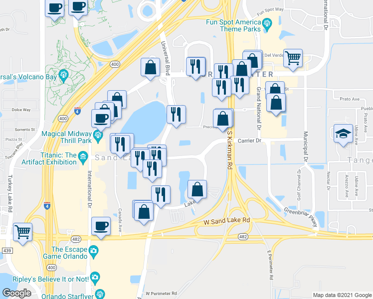 map of restaurants, bars, coffee shops, grocery stores, and more near 7395 Universal Boulevard in Orlando