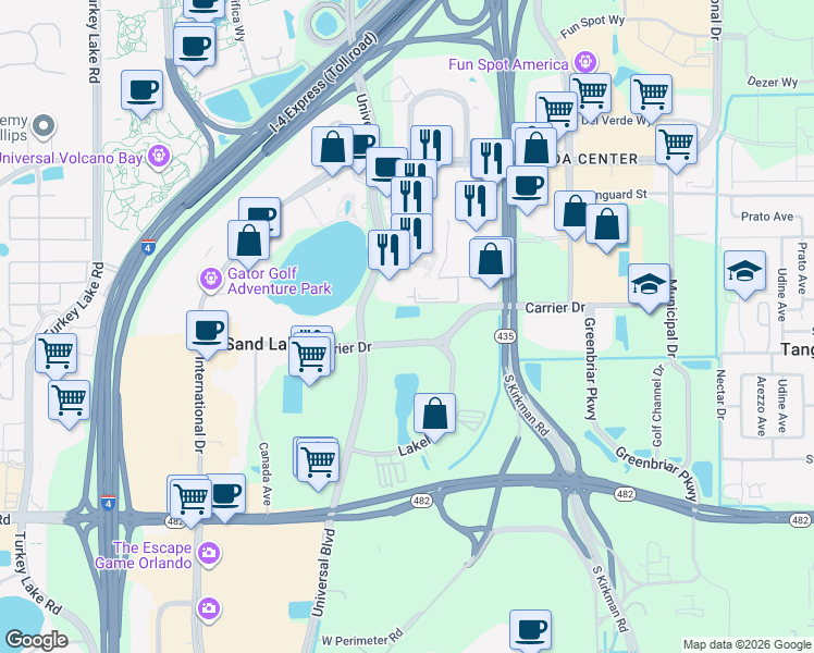 map of restaurants, bars, coffee shops, grocery stores, and more near 7395 Universal Boulevard in Orlando