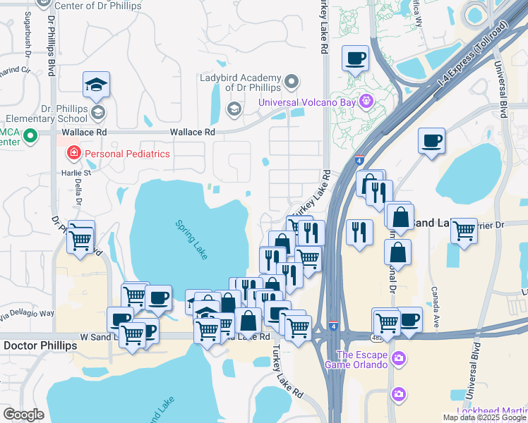 map of restaurants, bars, coffee shops, grocery stores, and more near 7500 Toscana Boulevard in Orlando