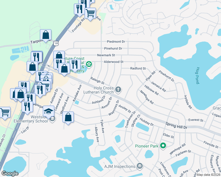 map of restaurants, bars, coffee shops, grocery stores, and more near 6236 Airmont Drive in Spring Hill