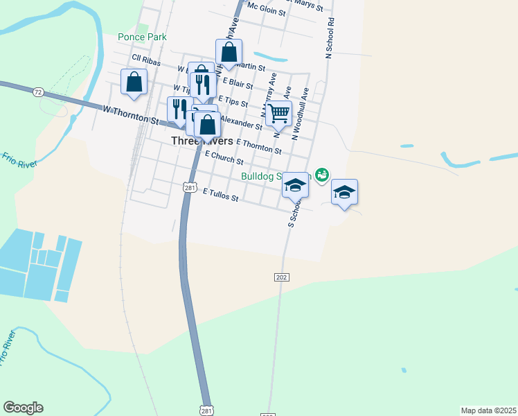 map of restaurants, bars, coffee shops, grocery stores, and more near 408 East Tullos Street in Three Rivers