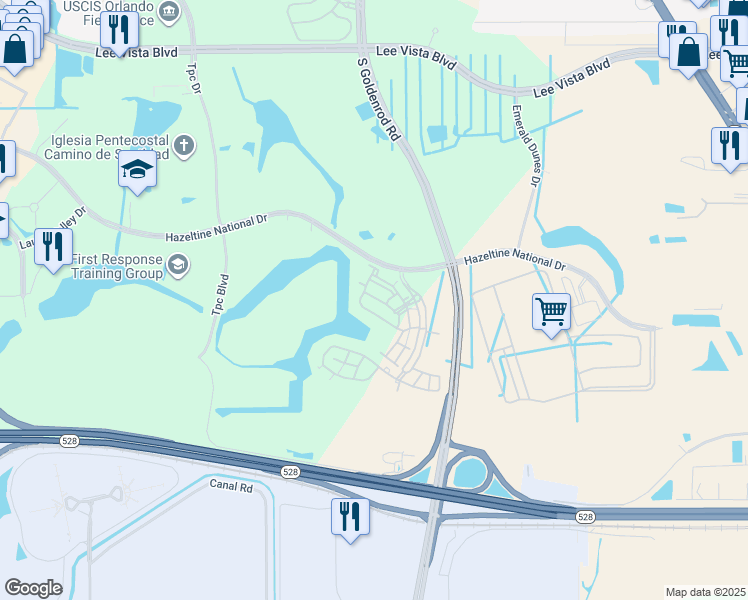 map of restaurants, bars, coffee shops, grocery stores, and more near 7834 Jubilee Park Boulevard in Orlando