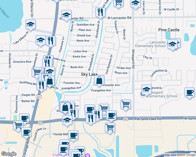 map of restaurants, bars, coffee shops, grocery stores, and more near 857 Galsworthy Avenue in Orlando