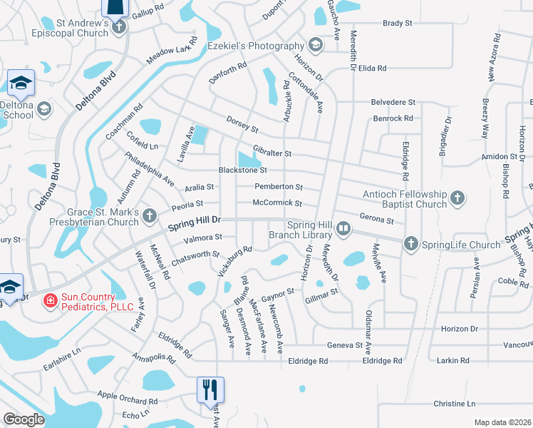 map of restaurants, bars, coffee shops, grocery stores, and more near 9047 Spring Hill Drive in Spring Hill