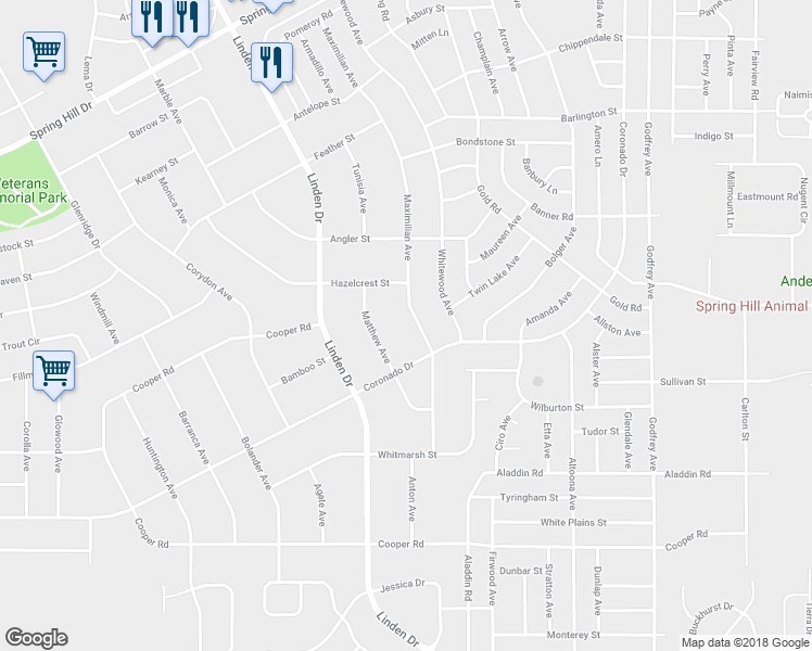 map of restaurants, bars, coffee shops, grocery stores, and more near 1401 Maximilian Avenue in Spring Hill