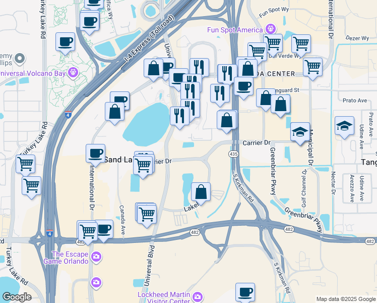 map of restaurants, bars, coffee shops, grocery stores, and more near 7395 Universal Boulevard in Orlando