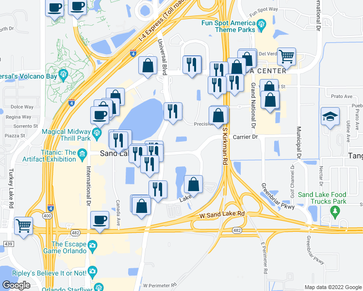 map of restaurants, bars, coffee shops, grocery stores, and more near 7395 Universal Boulevard in Orlando