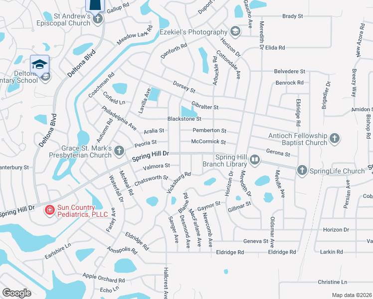 map of restaurants, bars, coffee shops, grocery stores, and more near 9001 Spring Hill Drive in Spring Hill