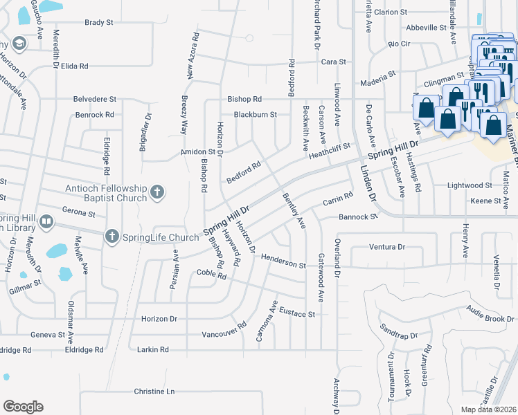 map of restaurants, bars, coffee shops, grocery stores, and more near 10122 Spring Hill Drive in Spring Hill