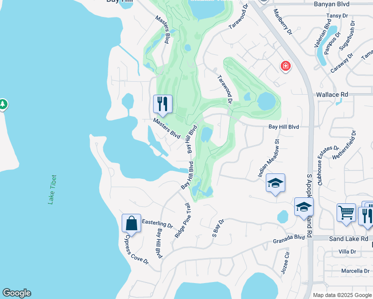map of restaurants, bars, coffee shops, grocery stores, and more near 9040 Bay Hill Boulevard in Orlando