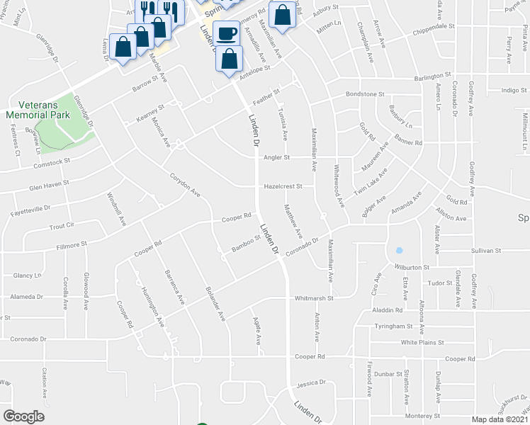 map of restaurants, bars, coffee shops, grocery stores, and more near 14095 Linden Drive in Spring Hill