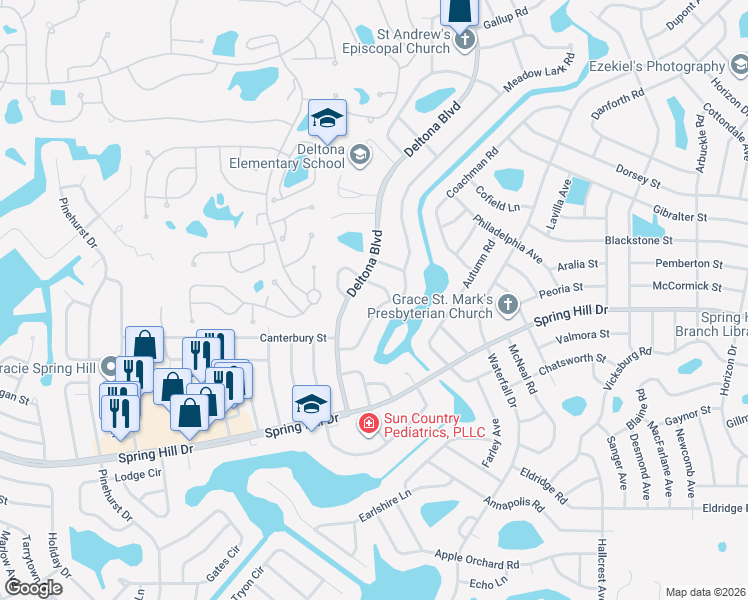 map of restaurants, bars, coffee shops, grocery stores, and more near 1406 Deltona Boulevard in Spring Hill