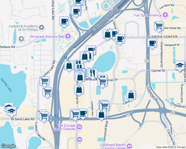 map of restaurants, bars, coffee shops, grocery stores, and more near 6400 Carrier Drive in Orlando