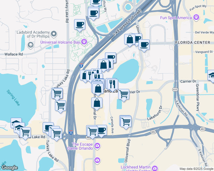 map of restaurants, bars, coffee shops, grocery stores, and more near 7001 International Drive in Orlando