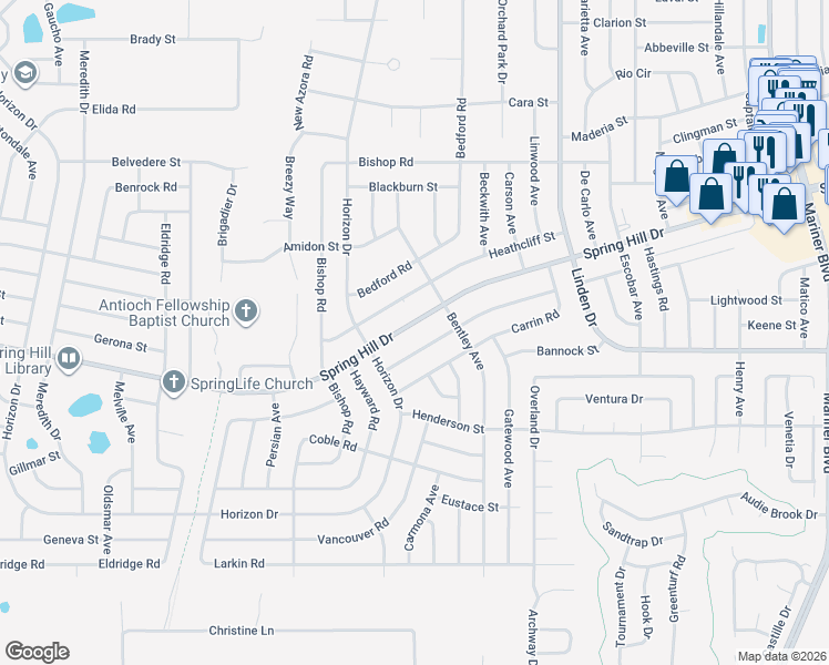 map of restaurants, bars, coffee shops, grocery stores, and more near 10122 Spring Hill Drive in Spring Hill