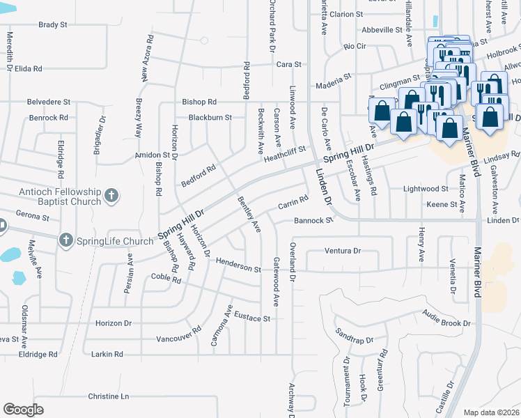 map of restaurants, bars, coffee shops, grocery stores, and more near 1375 Gatewood Avenue in Spring Hill