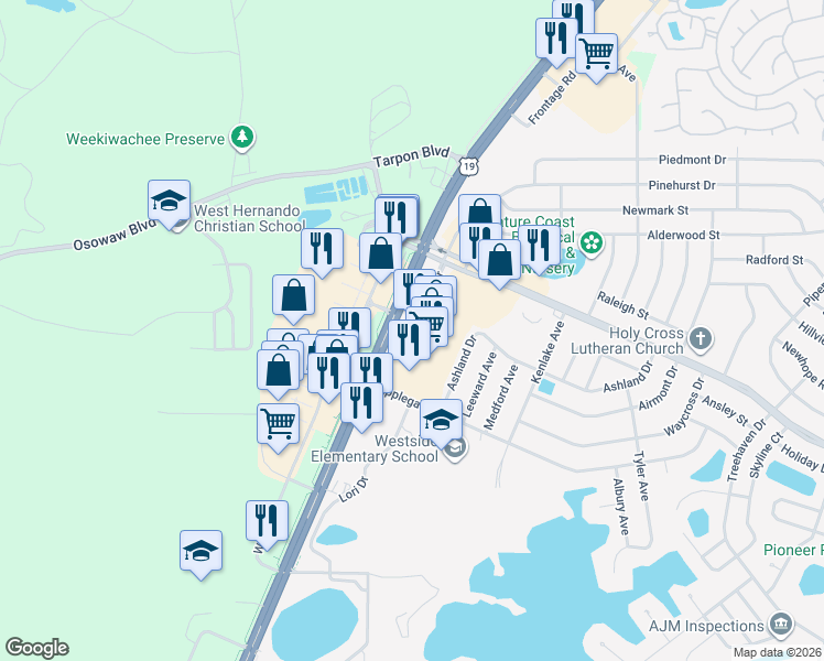 map of restaurants, bars, coffee shops, grocery stores, and more near 1419 Pinehurst Drive in Spring Hill