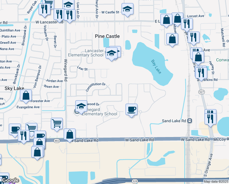map of restaurants, bars, coffee shops, grocery stores, and more near 483 Betsy Ross Terrace in Orlando
