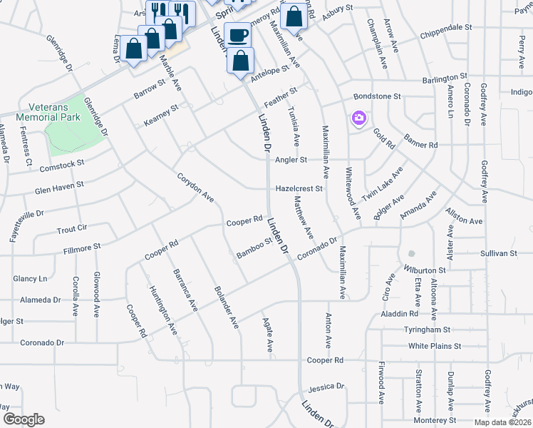 map of restaurants, bars, coffee shops, grocery stores, and more near 14095 Linden Drive in Spring Hill