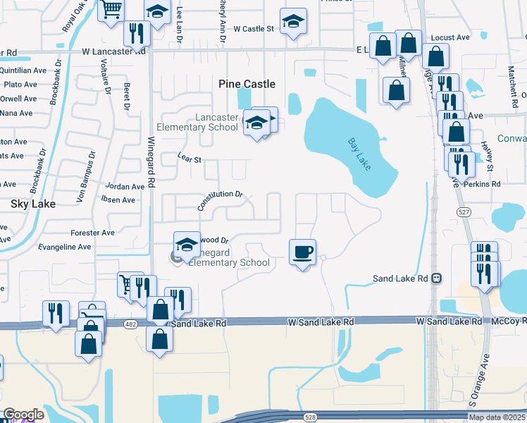 map of restaurants, bars, coffee shops, grocery stores, and more near 483 Betsy Ross Terrace in Orlando
