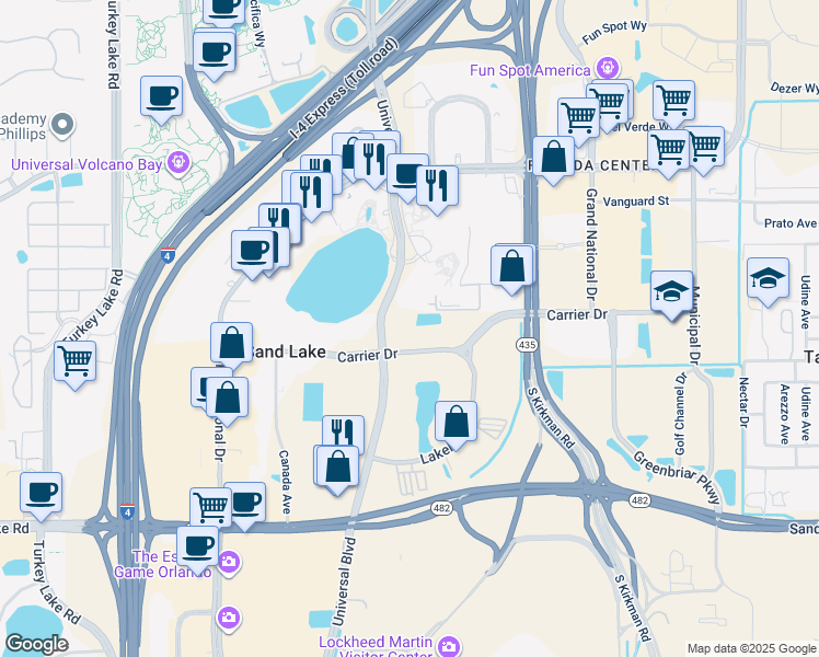 map of restaurants, bars, coffee shops, grocery stores, and more near 7371 Universal Boulevard in Orlando