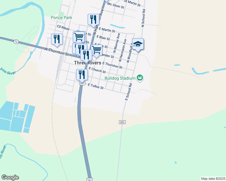 map of restaurants, bars, coffee shops, grocery stores, and more near 408 East Tullos Street in Three Rivers