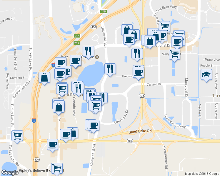 map of restaurants, bars, coffee shops, grocery stores, and more near 7371 Universal Boulevard in Orlando