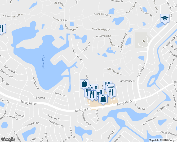 map of restaurants, bars, coffee shops, grocery stores, and more near 7482 Pond Cir in Spring Hill