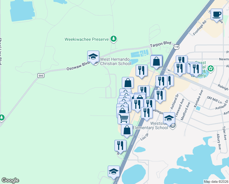 map of restaurants, bars, coffee shops, grocery stores, and more near 5161 Forest Glenn Drive in Spring Hill
