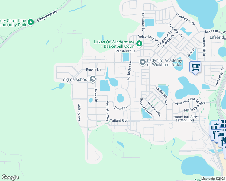 map of restaurants, bars, coffee shops, grocery stores, and more near 7381 Fairgrove Avenue in Windermere