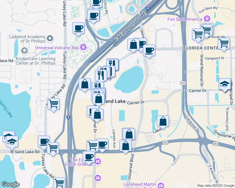 map of restaurants, bars, coffee shops, grocery stores, and more near in Sand Lake