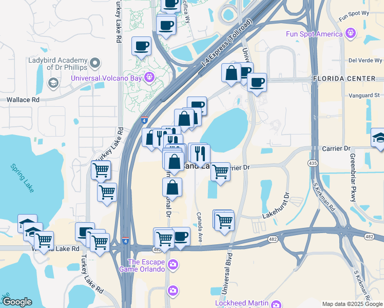 map of restaurants, bars, coffee shops, grocery stores, and more near 7001 International Drive in Orlando