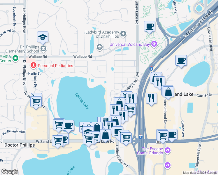 map of restaurants, bars, coffee shops, grocery stores, and more near 7500 Toscana Boulevard in Orlando