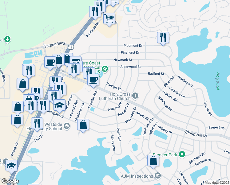 map of restaurants, bars, coffee shops, grocery stores, and more near 6078 Spring Hill Drive in Spring Hill