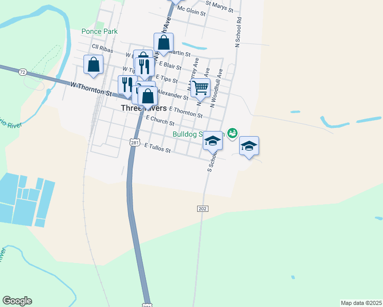map of restaurants, bars, coffee shops, grocery stores, and more near 509A East Tullos Street in Three Rivers