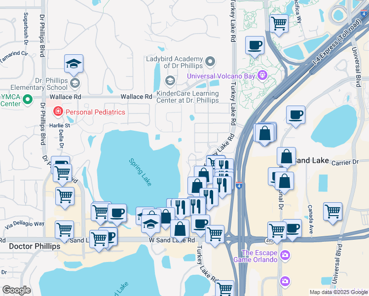 map of restaurants, bars, coffee shops, grocery stores, and more near 7508 Toscana Boulevard in Orlando