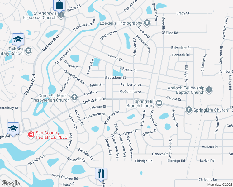 map of restaurants, bars, coffee shops, grocery stores, and more near 9001 Spring Hill Drive in Spring Hill