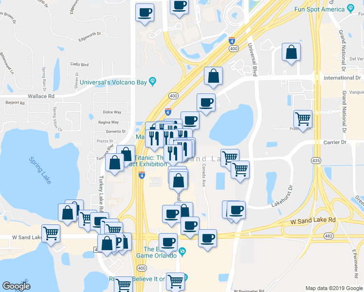map of restaurants, bars, coffee shops, grocery stores, and more near 7001 International Drive in Orlando