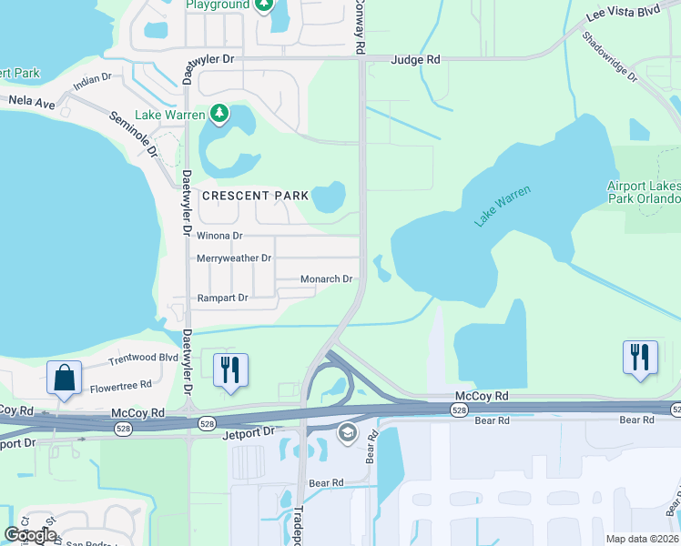 map of restaurants, bars, coffee shops, grocery stores, and more near 4201 Monarch Drive in Orlando